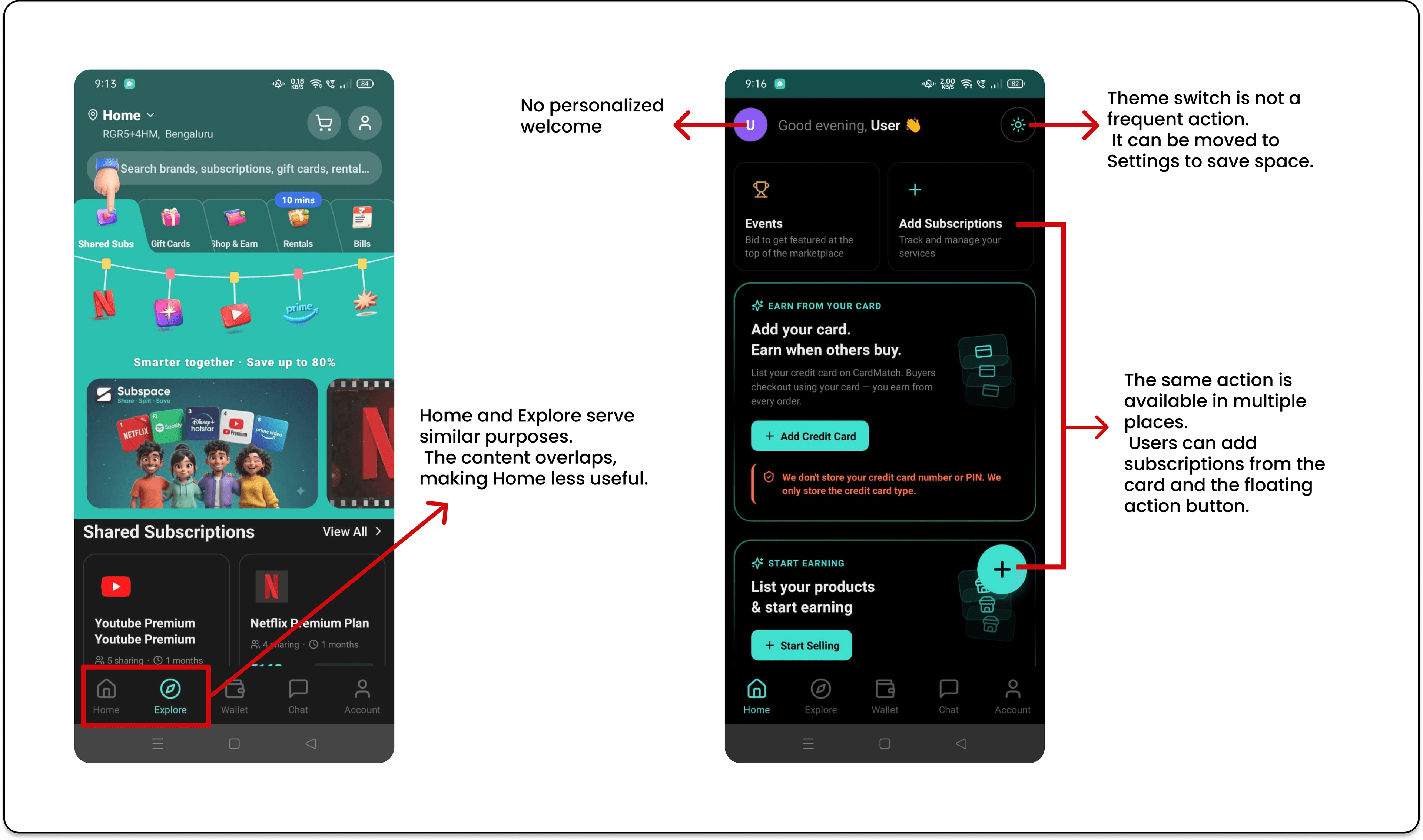 SubSpace app audit showing usability and hierarchy issues