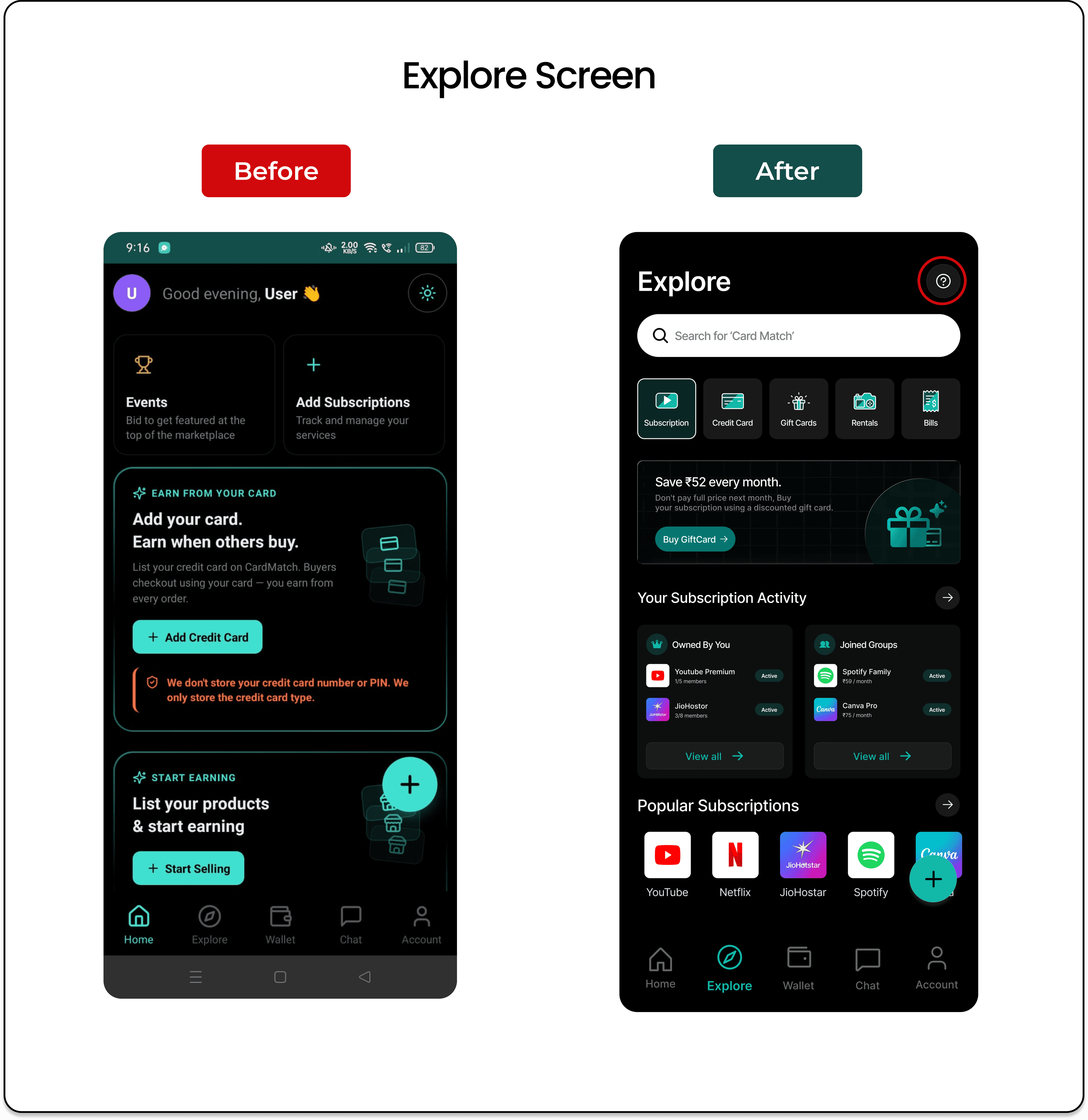 SubSpace Explore screen before and after redesign